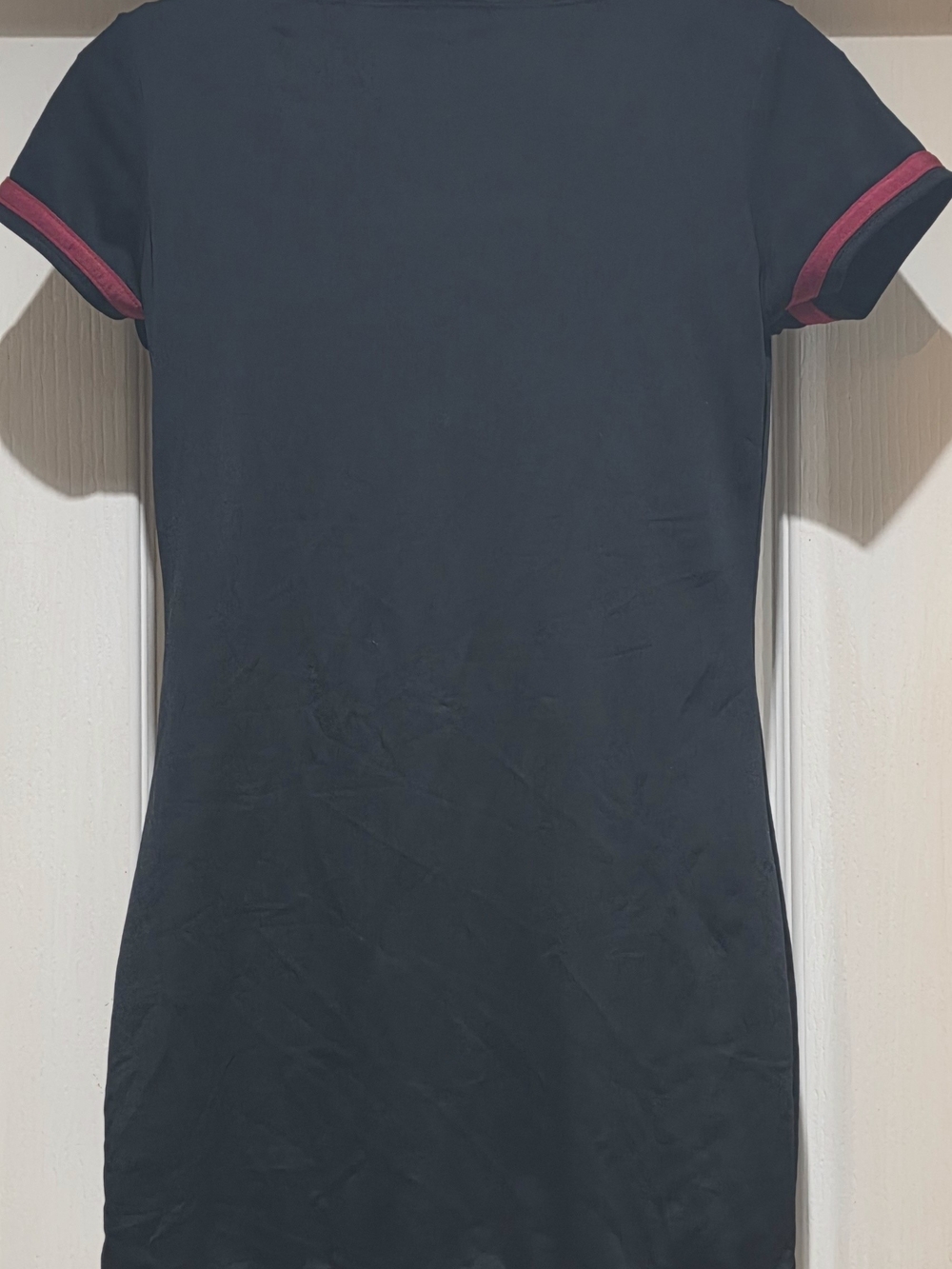 Black Mini Dress with Burgundy Trim and Cross Detail - Picture 3 of 4